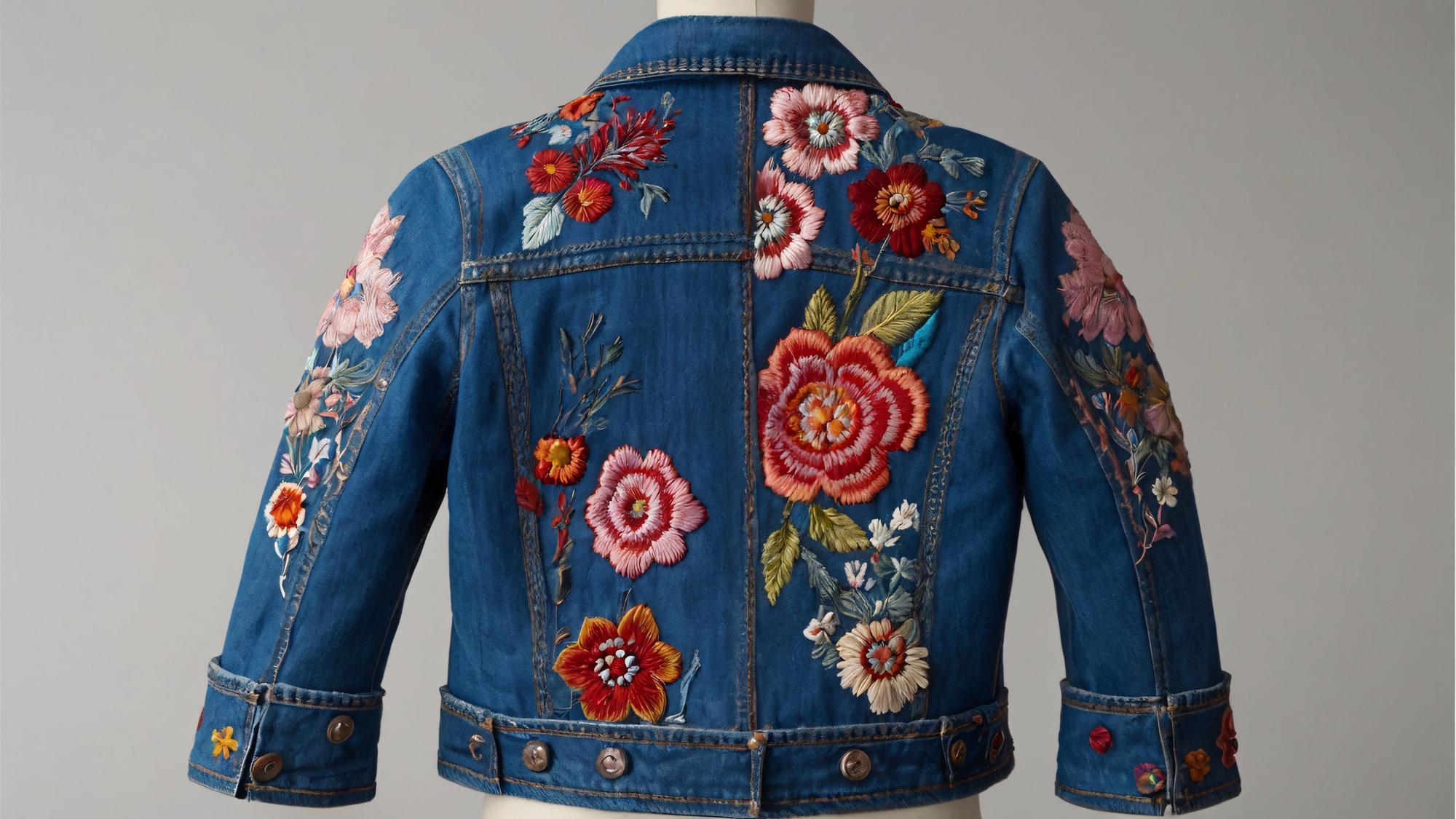 detaliu broderie florală pe jachetă